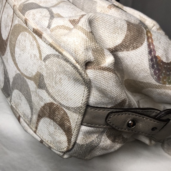 COACH sequin cream colored signature satchel handbag. - Picture 9 of 13